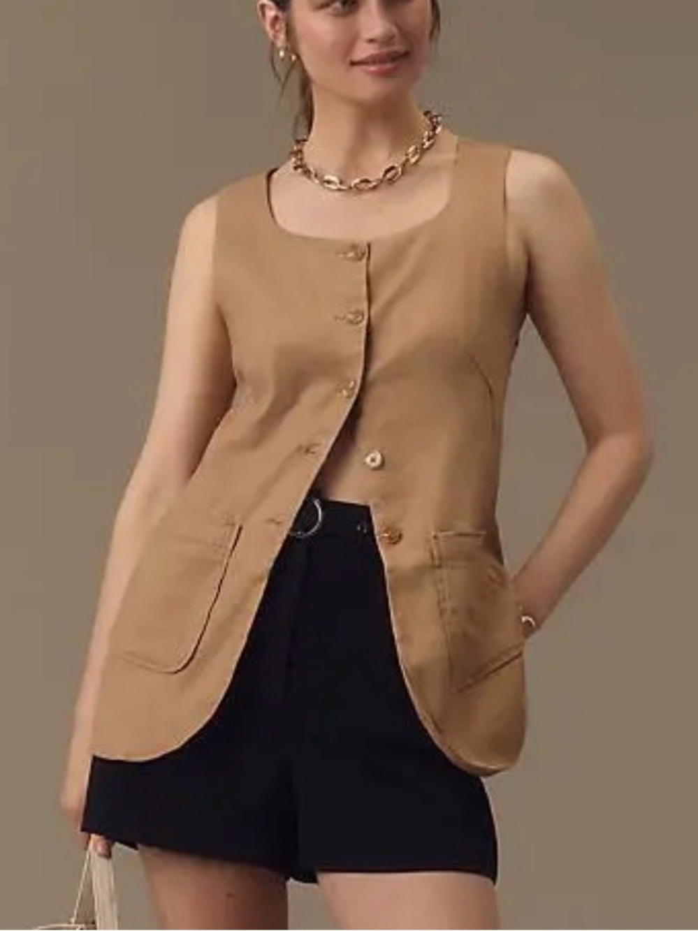 Anthropologie Maeve Mod Linen Square-Neck Vest Biege women’s size Small